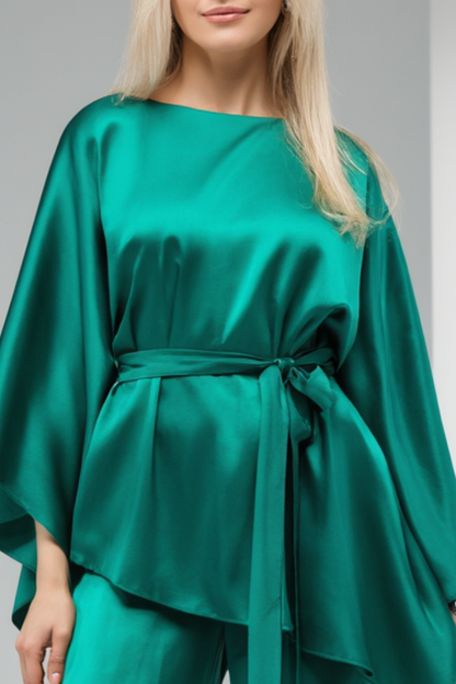 Evening Satin Pants Set Green Long Sleeve Waist Tie Two-Piece