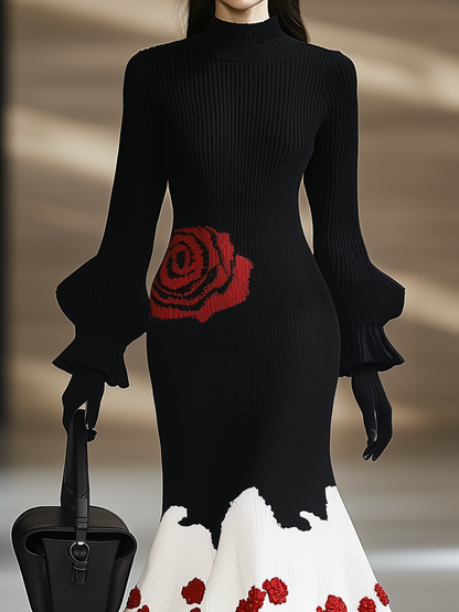 Elegant Retro Rose Pattern Knitted Dress With Flared Sleeves