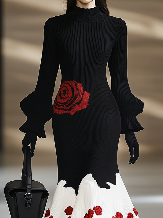 Elegant Retro Rose Pattern Knitted Dress With Flared Sleeves