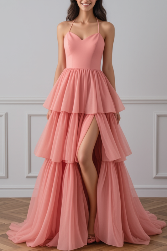 Formal Evening Tiered Halter Dress Pink Floor-Length Gown
