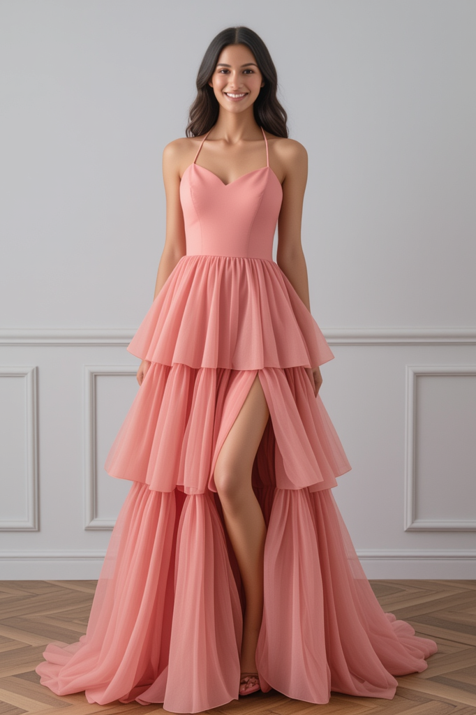 Formal Evening Tiered Halter Dress Pink Floor-Length Gown