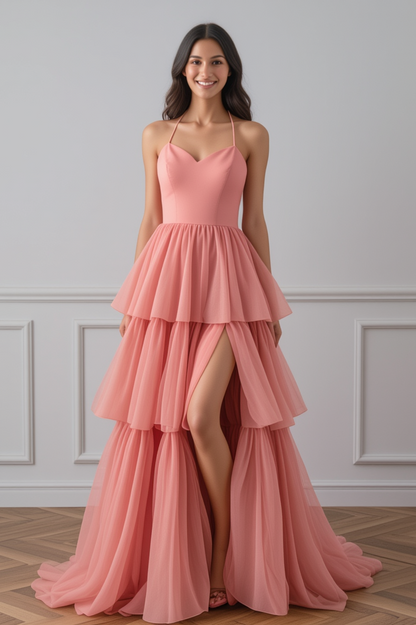 Formal Evening Tiered Halter Dress Pink Floor-Length Gown