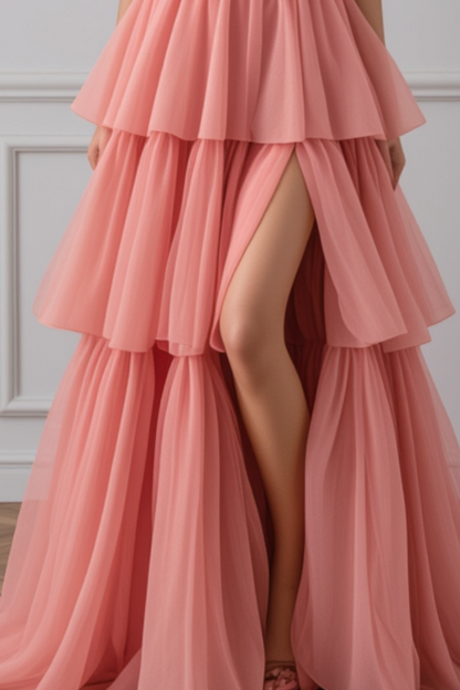 Formal Evening Tiered Halter Dress Pink Floor-Length Gown