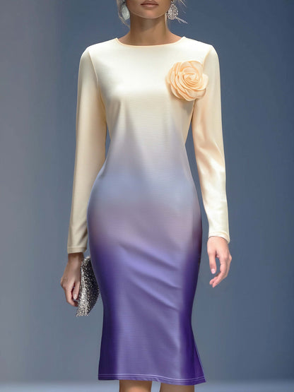 Elegant Three-dimensional Floral Decoration Beige And Purple Gradient Midi Dress