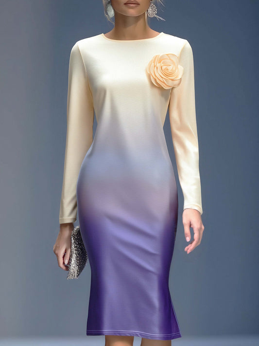 Elegant Three-dimensional Floral Decoration Beige And Purple Gradient Midi Dress