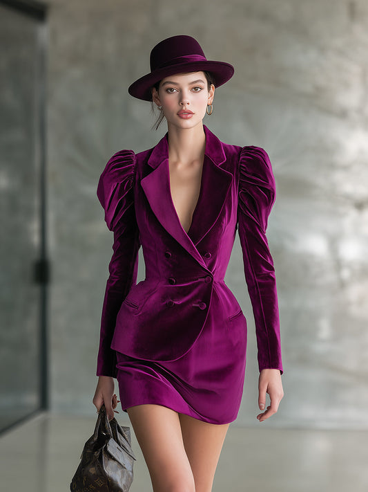 Fashionable Lamb Leg Sleeve Purple Velvet Design Suit Mini Dress