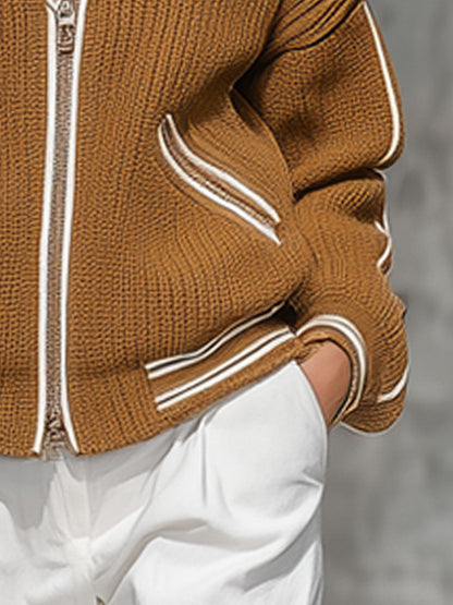 Fashion Retro White Trim Camel Knit Zipper Jacket Cardigan