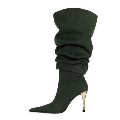 Deep Green Stripes Pointed Toe Stiletto Heel Slouch Boots for Women