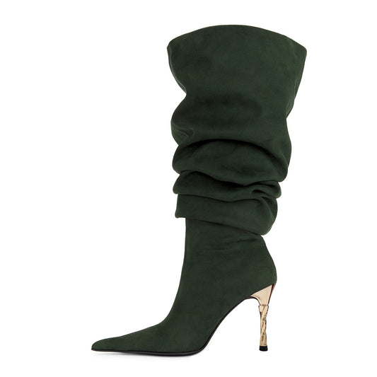 Deep Green Stripes Pointed Toe Stiletto Heel Slouch Boots for Women
