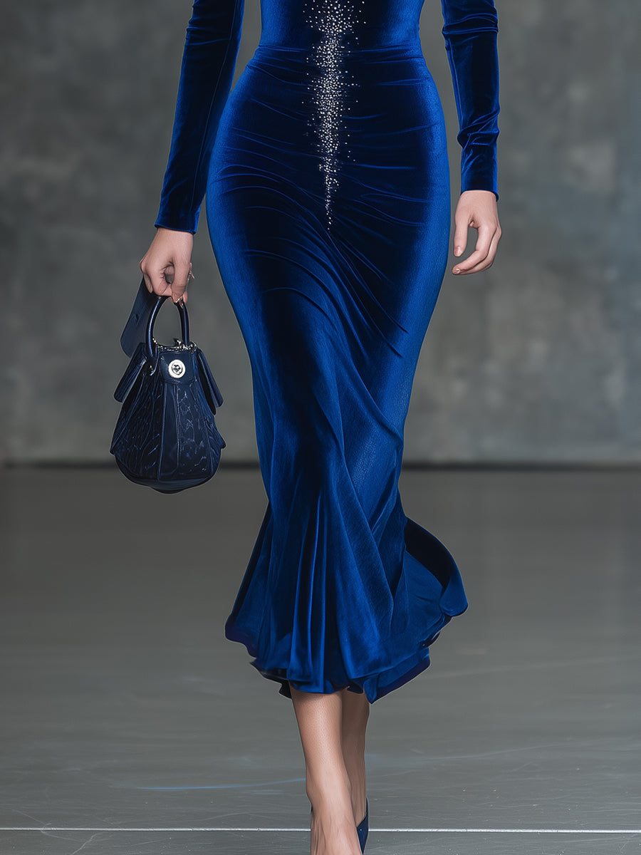 Elegant And Fashionable V-neck Hot Diamond Royal Blue Velvet Midi Dress