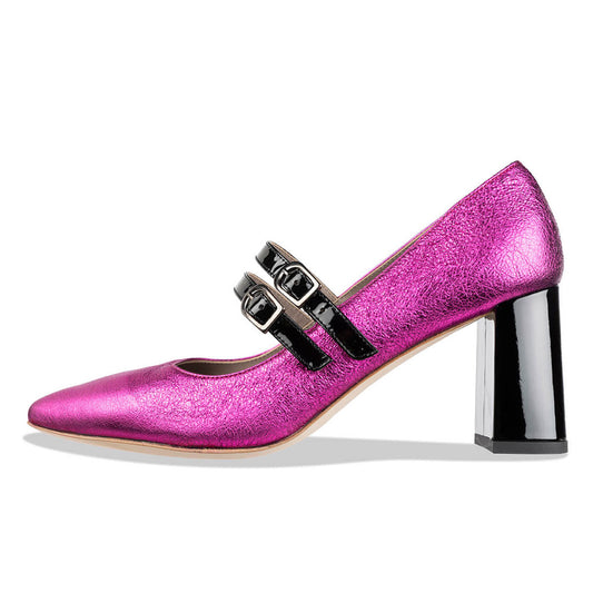 Fuchsia Metallic Leather Pointed Toe Pumps Heels with Two Buckle Strap