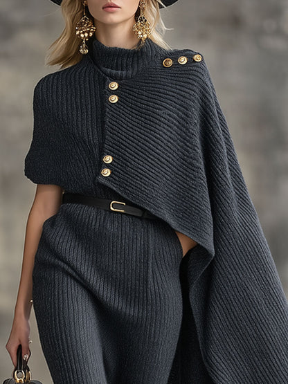Fashion Retro Dark Gray Knitted Cape Fake Two-Piece Midi Dress
