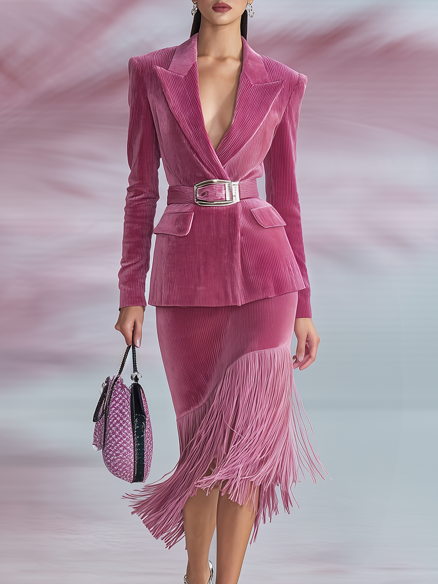 Elegant Lapel Corduroy Blazer And Fringed Skirt Set