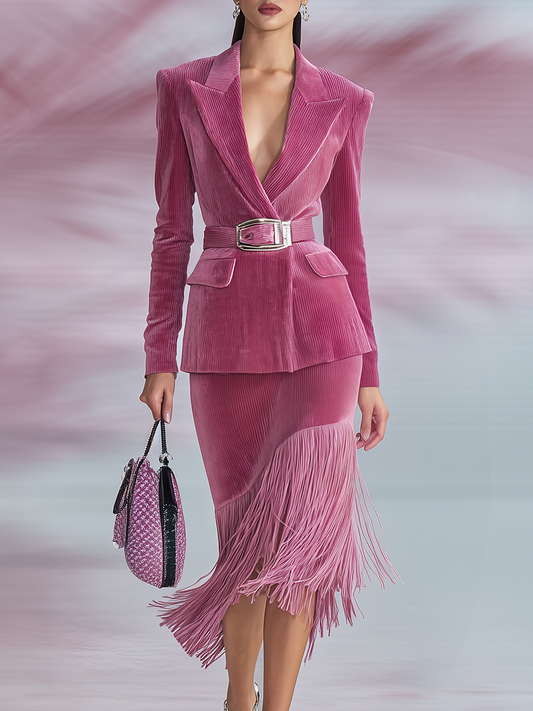 Elegant Lapel Corduroy Blazer And Fringed Skirt Set