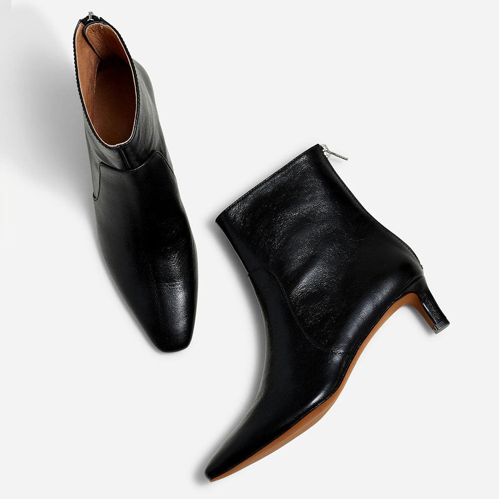 Elegant Vegan Leather Black Square Toe Kitten Heel Boots with Zipper