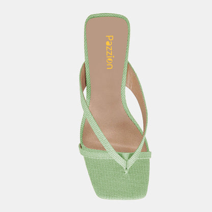 Fabric Square Toe Flared Mid Heel Green Flip Flops for Women