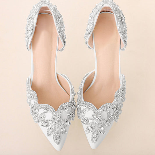 Elegant White Pointed Toe Rhinestone Embellished Wedding Heels