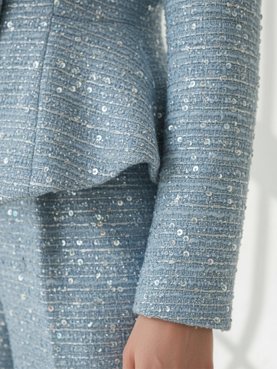 Elegant And Intellectual Blue Tweed Jacket And Wide-leg Pants Set