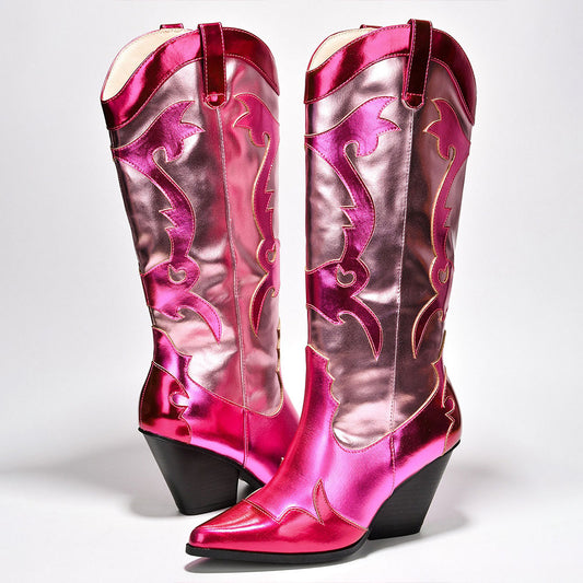 Fuchsia and Pink Metallic Patchwork Cowgirl Boots with Chunky Heel