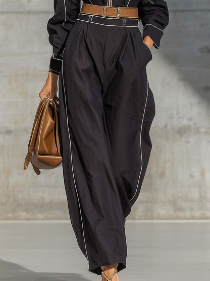 Exquisite Casual Lapel Front Zipper White Piping Black Jumpsuit