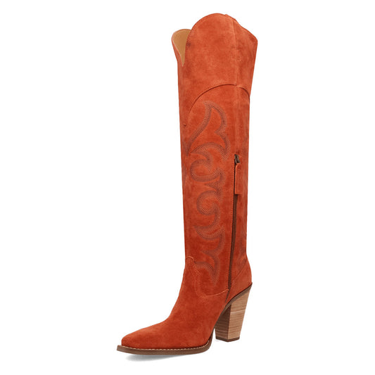 Faux Suede Pointed Toe Chunky Heel Orange Western Boots for Women