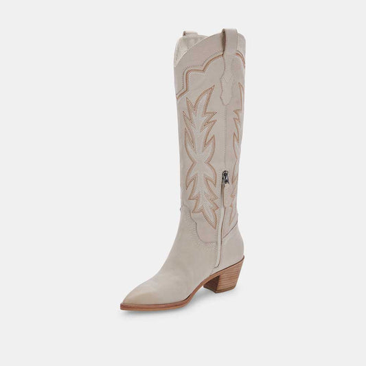 Beige Pointed Toe Chunky Heel Embroidered Knee High Cowgirl Boots