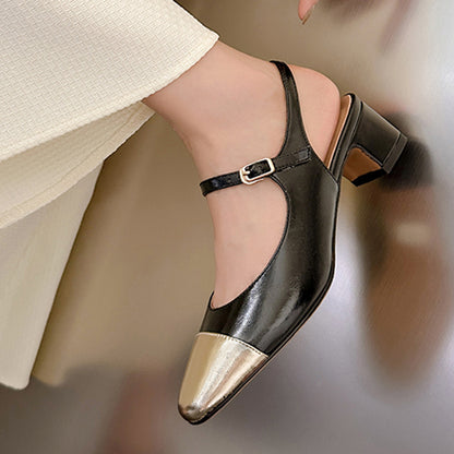 Gold & Black Closed Toe Chunky Heel Slingback Pumps