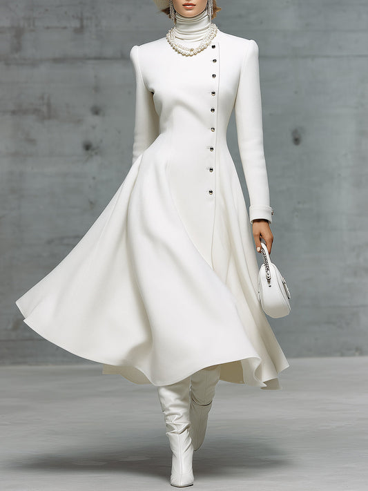 Elegant And Fashionable Round-neck White Long Coat