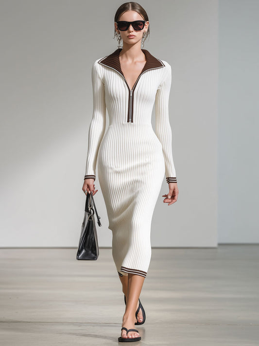 Fashion Retro Brown Trim White Knitted Ribbed Long-Sleeved Midi Dress