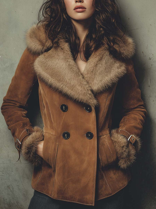 Faux Suede Jacket With Fur Collar & Cuffs