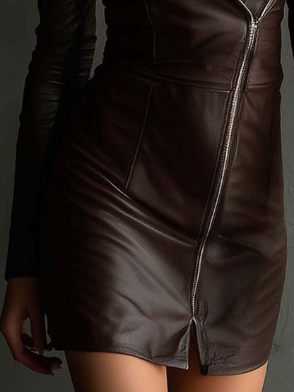 Dark Chocolate Zip-Front Lapel Eco-Leather Mini Dress