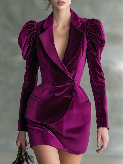 Fashionable Lamb Leg Sleeve Purple Velvet Design Suit Mini Dress