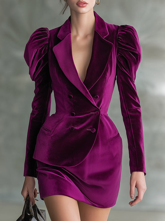 Fashionable Lamb Leg Sleeve Purple Velvet Design Suit Mini Dress