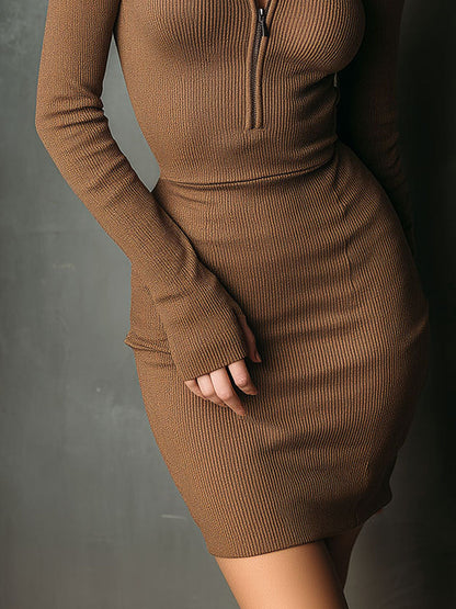 Elegant Brown Zipper Front High Collar Ribbed Knit Mini Dress