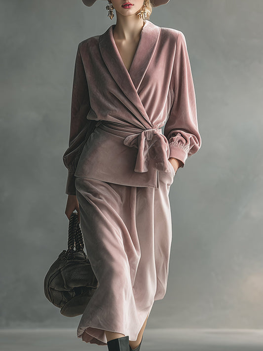 Elegant And Exquisite Light Pink Wrap Shirt And Skirt Velvet Set