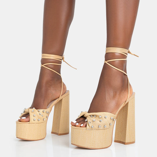 Beige Open Toe Chunky Heel Ankle Strap Platform Sandals