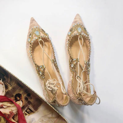 Elegant Nude Pointed Toe Rhinestone Lace-Up Flat Shoes for Women