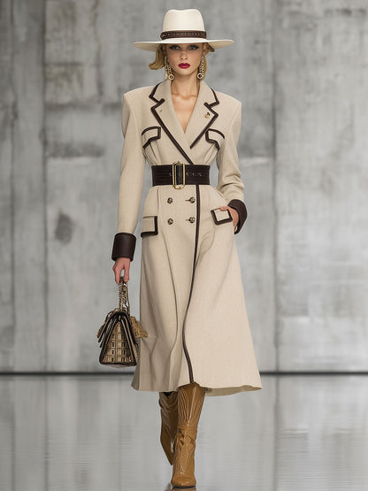 Elegant Urban Light Khaki Double-Breasted Mid-Length Coat