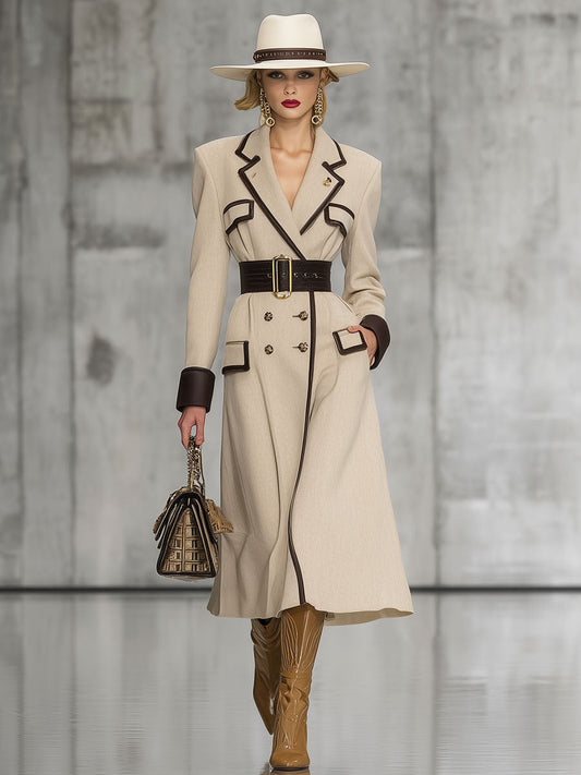 Elegant Urban Light Khaki Double-Breasted Mid-Length Coat