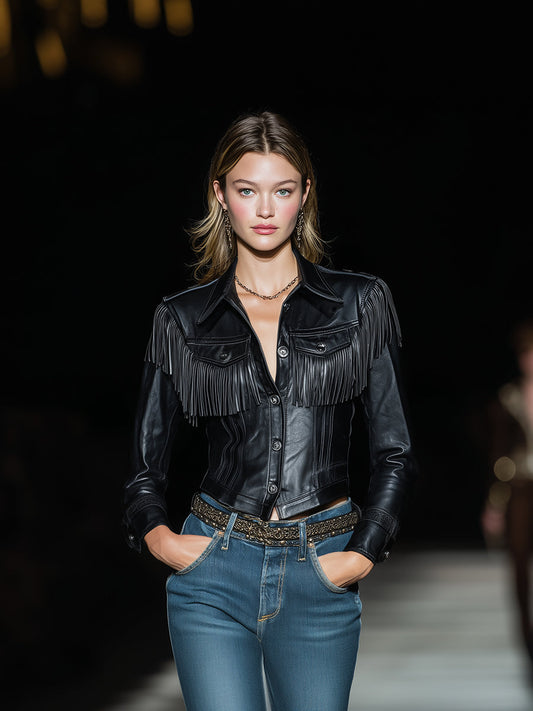 Designer Black Pu Patchwork Tassel Button Jacket