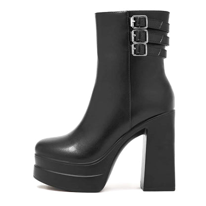 Full Black Platform Booties Round Toe Triple Buckle Heeled Boots