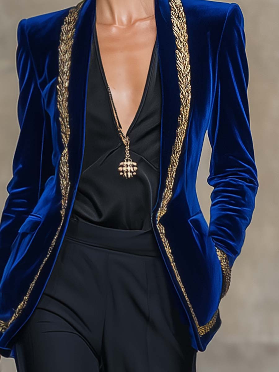 Elegant And Exquisite Collarless Gold Trim Royal Blue Velvet X-shaped Blzaer