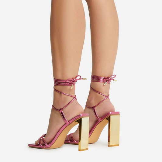 Fuchsia Metallic Finish Square Toe Decorative Heel Lace Up Sandals