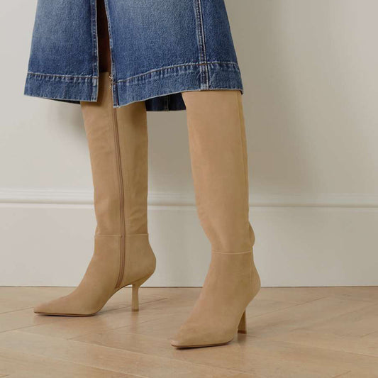 Beige Faux Suede Closed Toe Stiletto Heel Knee High Winter Boots