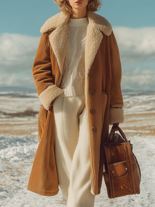 Fashion Retro Camel Corduroy Composite Polar Fleece Coat