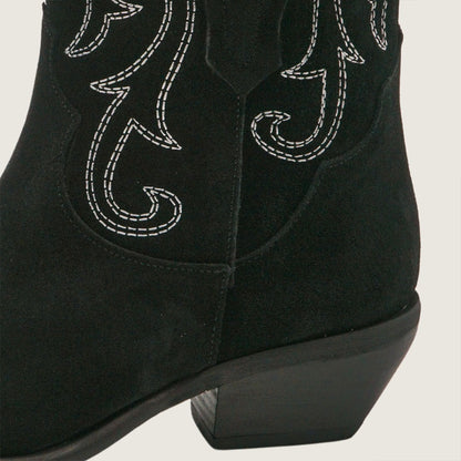 Faux Suede Chunky Heel Embroidered Black Cowgirl Boots for Women