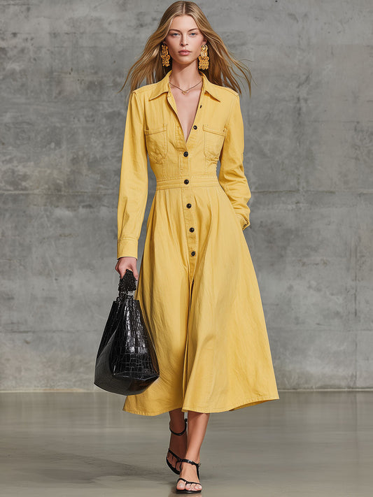 Fashion Retro Long Sleeve Trench Coat Style Yellow Denim Midi Dress