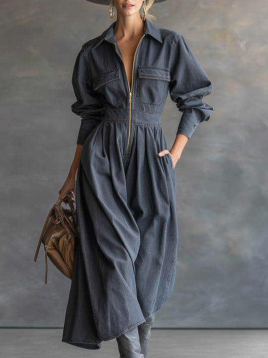 Fashionable Casual Lapel Front Zipper Pocket Gray Denim Long Sleeve Maxi Dress