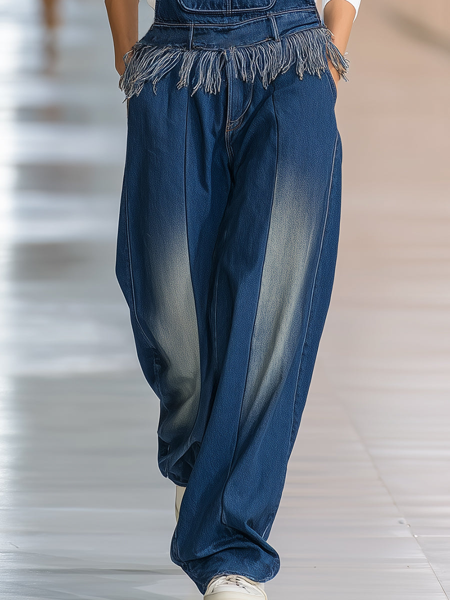 Fashionable Western-style Tassel Denim Wide-leg Overalls