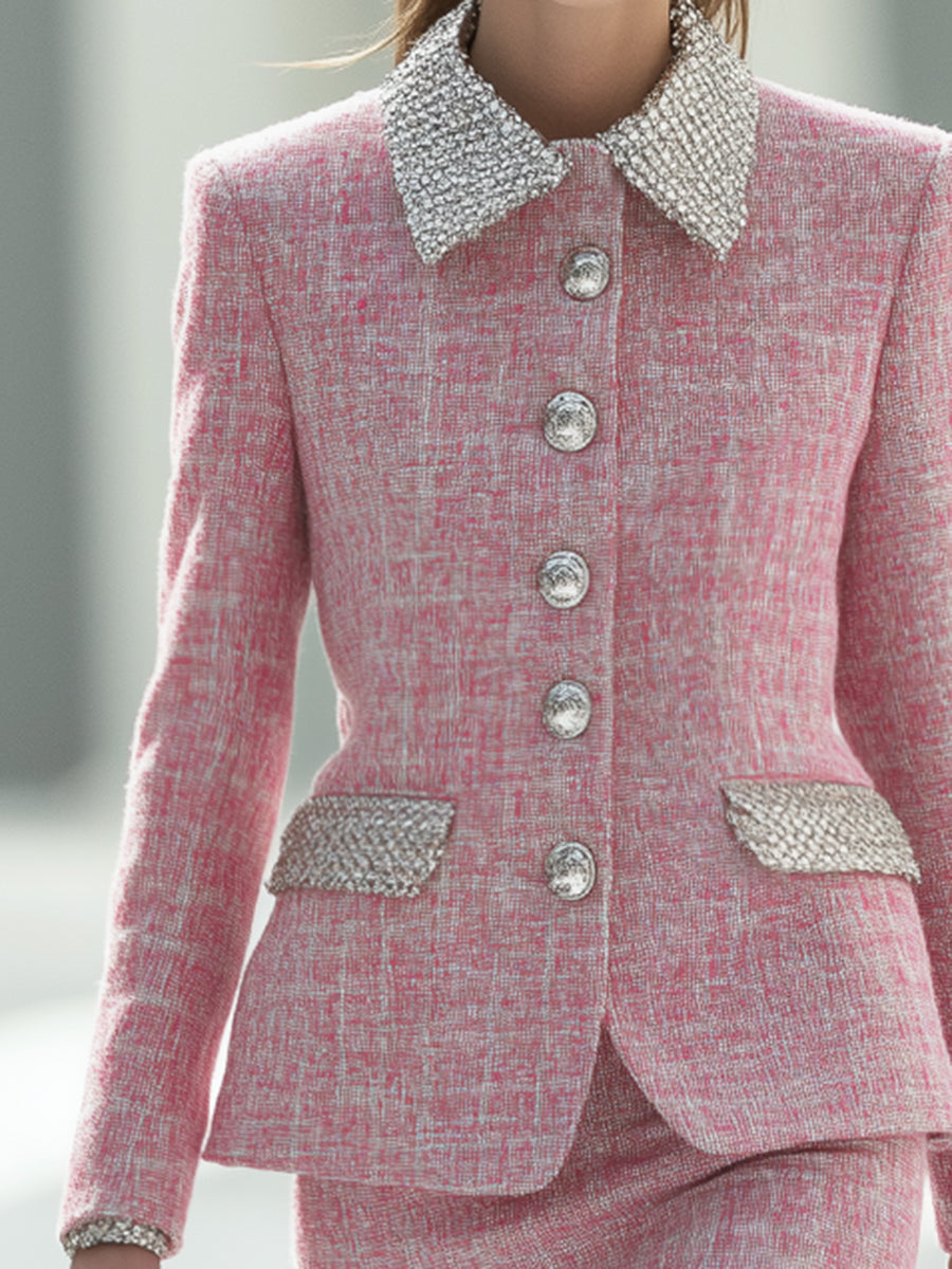 Elegant And Exquisite Silver Collar Pink Tweed Jacket And Skirt Set